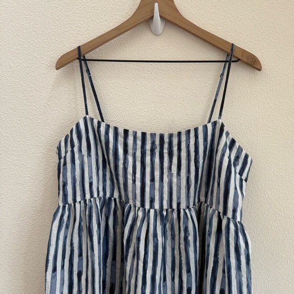 Vince Painterly Stripe Ruched Dress In Coastal Blue 14 - Picture 4 of 9